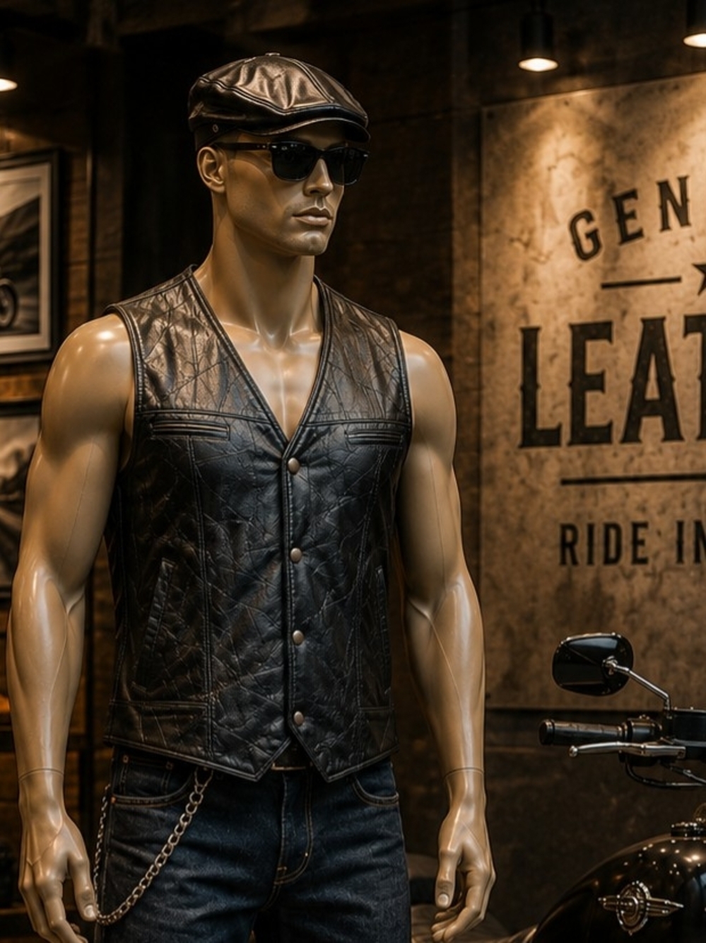 Mens Black Leather Vest - Classic Biker Style